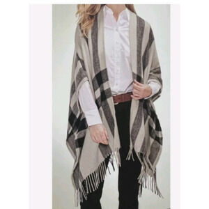 NWT Banana Republic Women Wrap Cardigan Poncho Cashmere OS Tan Blue Fringe Trim